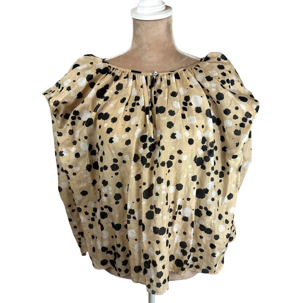 Psophia Womens Sz Small Silk‎ Blend Top Oversized Boxy Flow Tan Dotted Deisgner